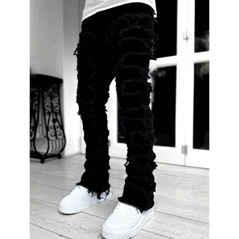 Stacked Jeans Mens Ripped Jeans Distressed Patchwork Straight Leg Y2k Skinny Denim Pants Hip Hop Slim Fit Trousers Black Fabric baggy pants