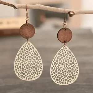 Boho Teardrop Hollow Wooden Drop Earrings (1 Pair) - Fashionable Daily Wear Accessory with Adjustable Heart Rate Couples Bracelet Set