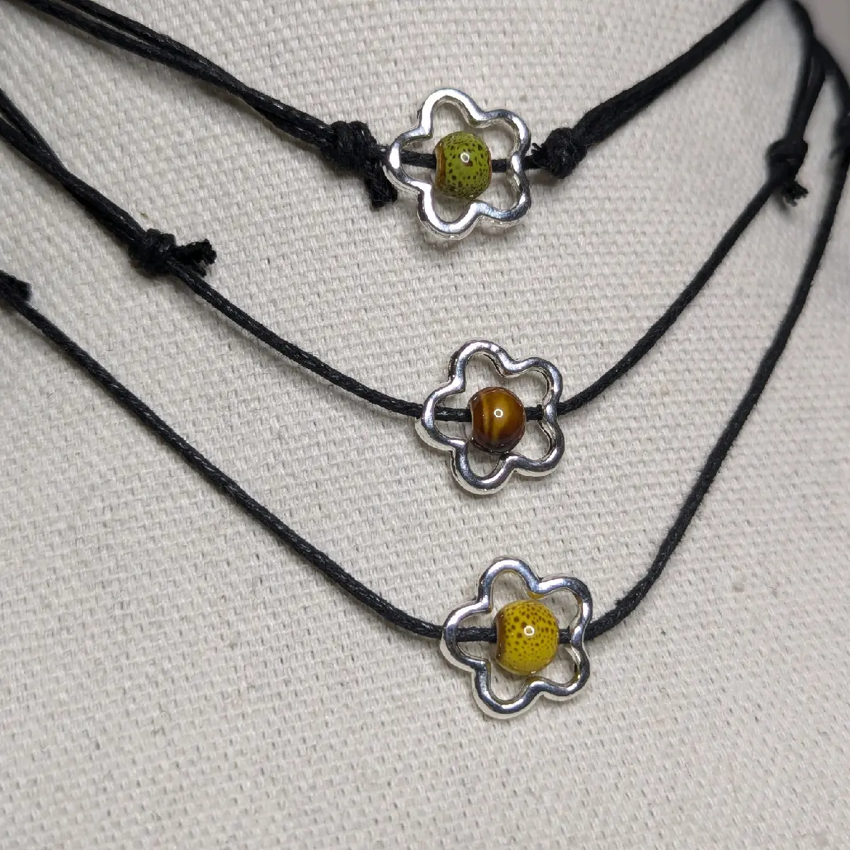 Flower Silver Charm Ceramic Boho Hippie Whimsical Adjustable Black Rope Cord Choker Stacking Necklace jewelry