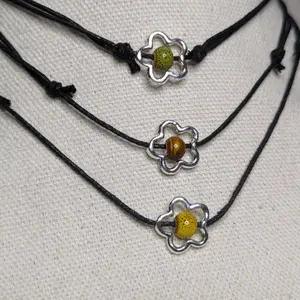 Flower Silver Charm Ceramic Boho Hippie Whimsical Adjustable Black Rope Cord Choker Stacking Necklace jewelry
