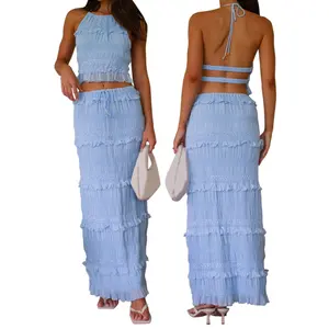 Women Summer Outfit Shirred Tie-up Halter Neck Sleeveless Open Black Tank Tops Drawstring Long Skirt 2 Pcs Set