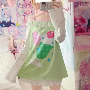 Sweet Kawaii Cartoon Print Women T-shirt Loose Casual E-girl Contrast Color Cute Graphic Tee Japanese Y2k Aesthetic Tshirts Tops Green Womenswear