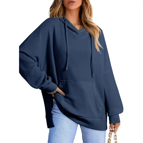 Dokotoo Oversized Hoodies for Women Casual Long Sleeve Waffle Knit Drawstring Side Slit Pullover Sweatshirts with Pocket
