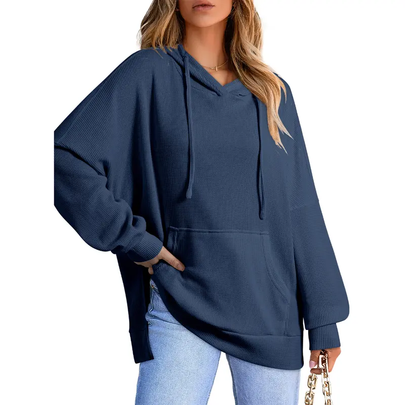Dokotoo Oversized Hoodies for Women Casual Long Sleeve Waffle Knit Drawstring Side Slit Pullover Sweatshirts with Pocket