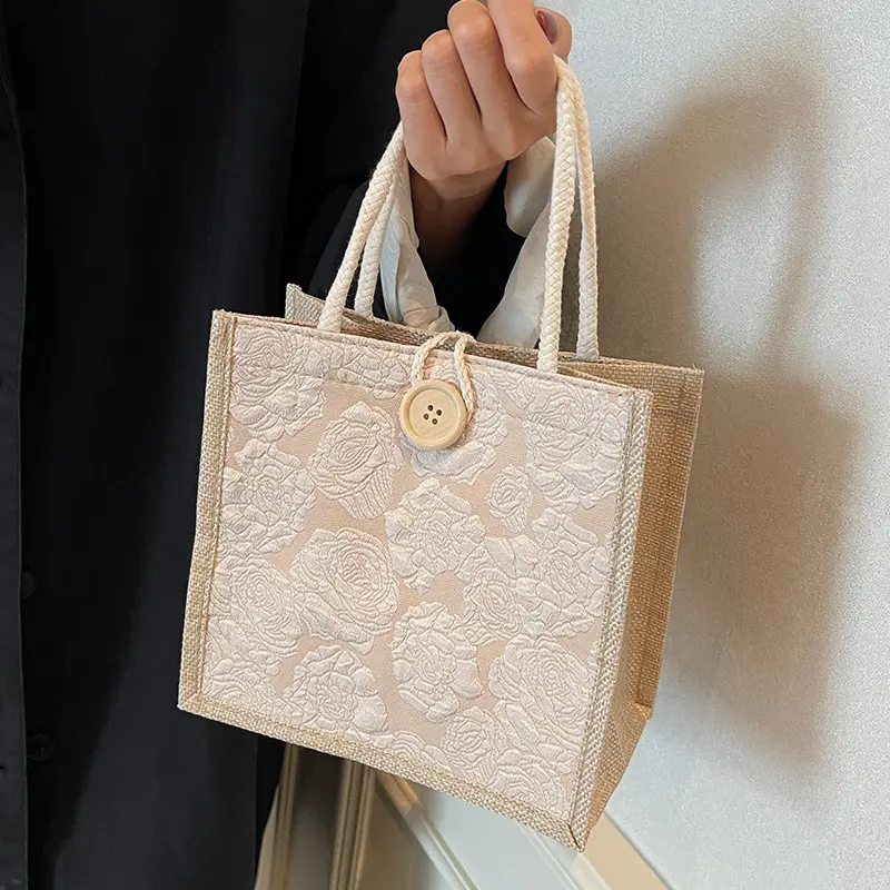 Rose Embossed Jute Burlap Tote Bag for Women, Casual Cottagecore Shopper with Cotton Rope Handles for All Seasons, Rose Embossing, Floral, Adults, Female