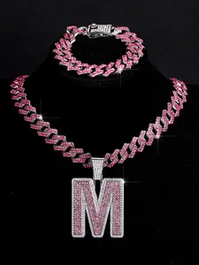 3pcs Punk Charm Shining Capital Pendants, Ice-Made Cuban Chain Necklace Bracelet Set, Hip Hop Letter Jewelry for Men Women, Matching Jewelry Set