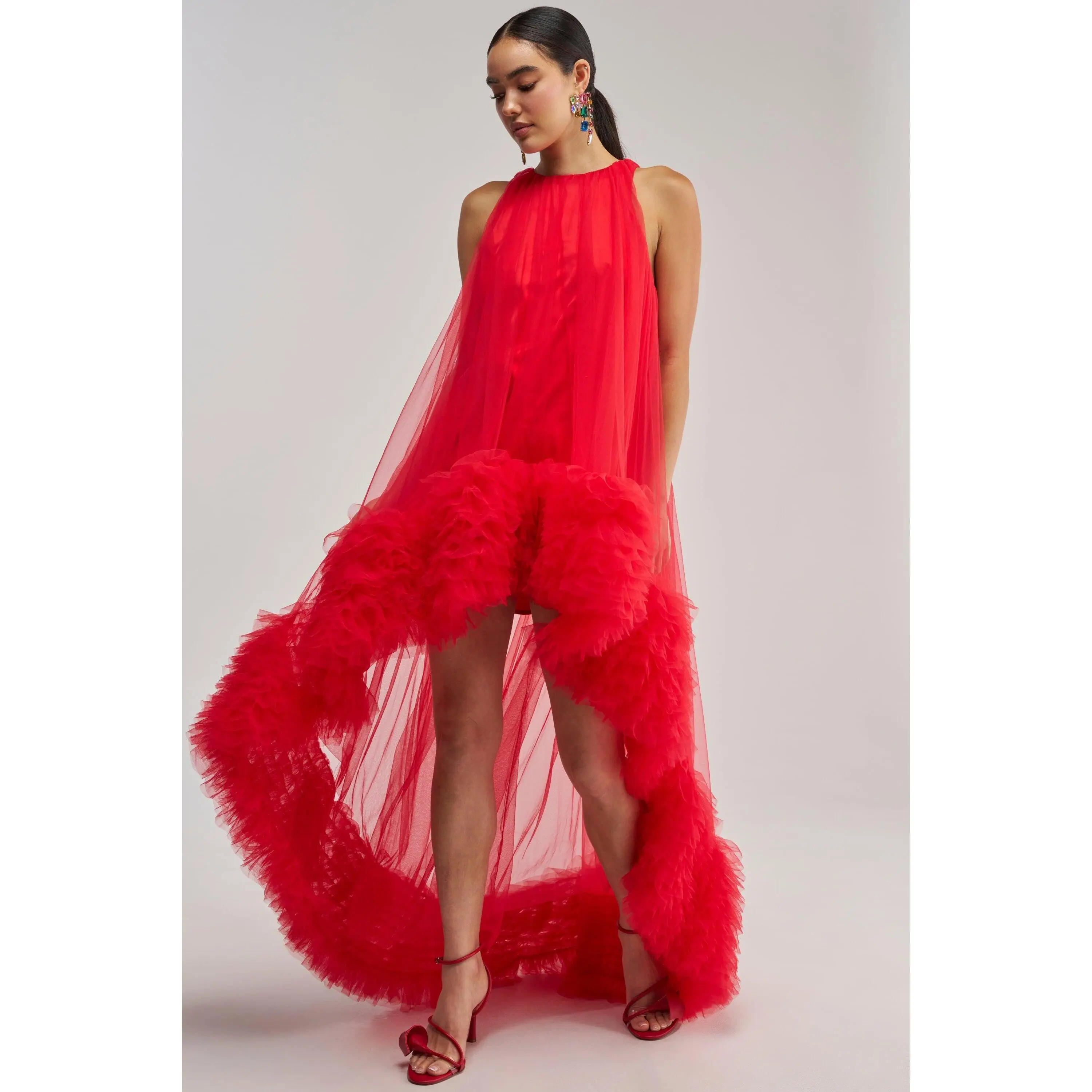 ARI TULLE RUFFLE HIGH LOW MINI DRESS IN RED