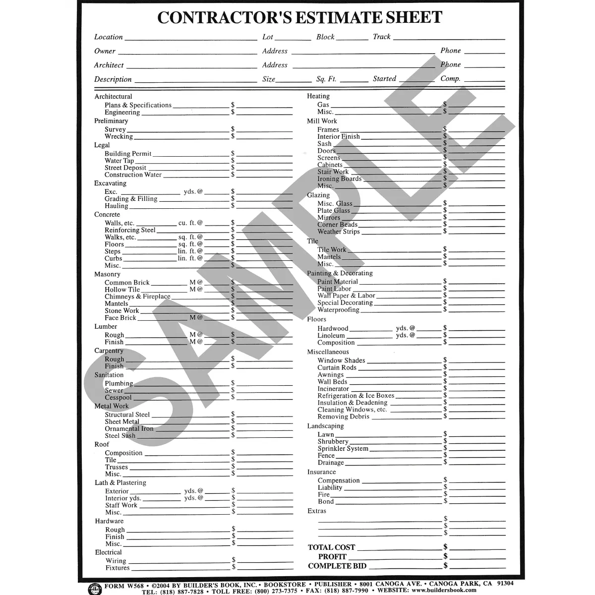 W568 Contractor's Estimate Sheet (Pack of 50)