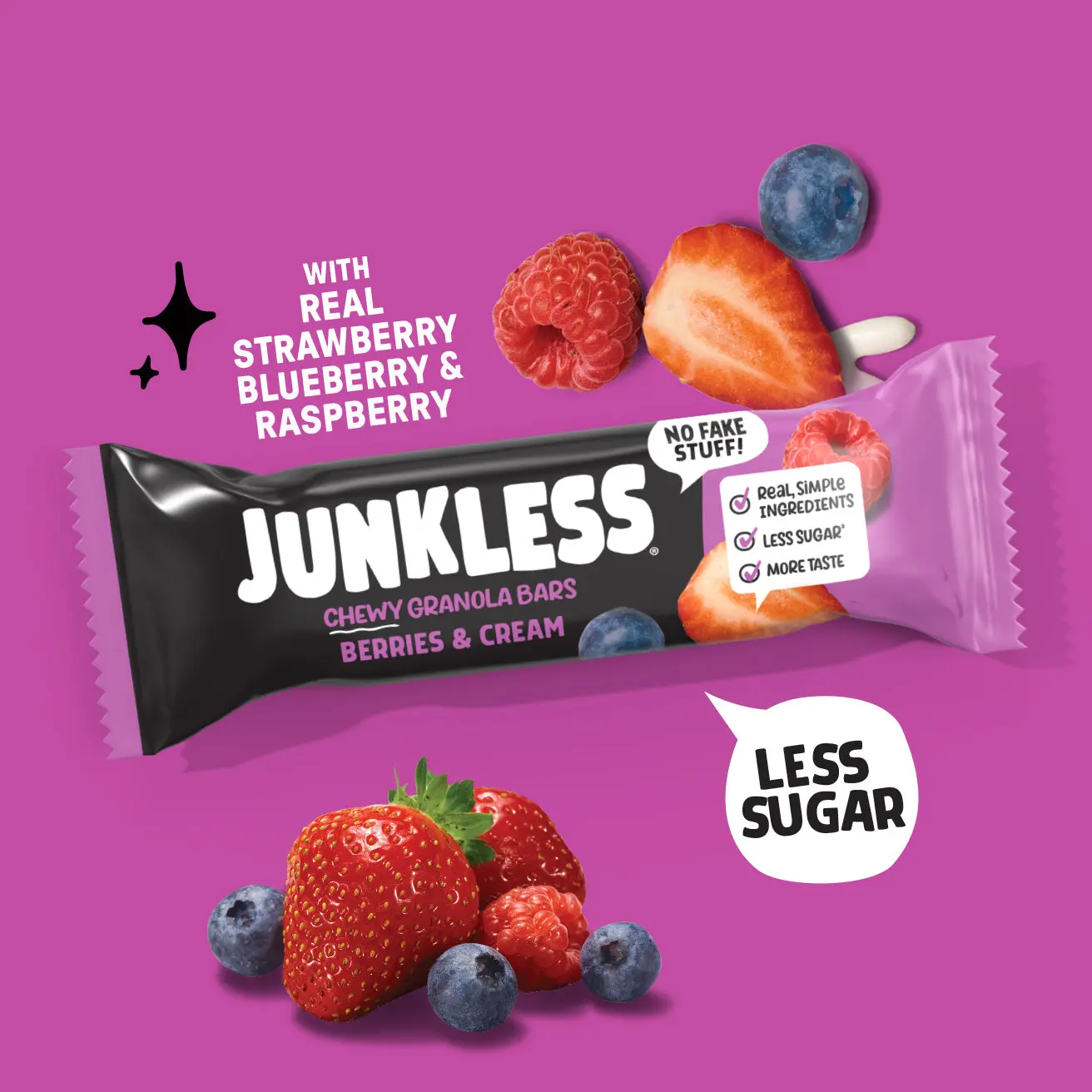 JUNKLESS Chewy Granola Bars Berries & Cream (12 ct) - Simple Ingredients, Less Sugar, Gluten Free, No Fake Stuff, 100% Whole Grain Oats, Creamy Yogurt Drizzle