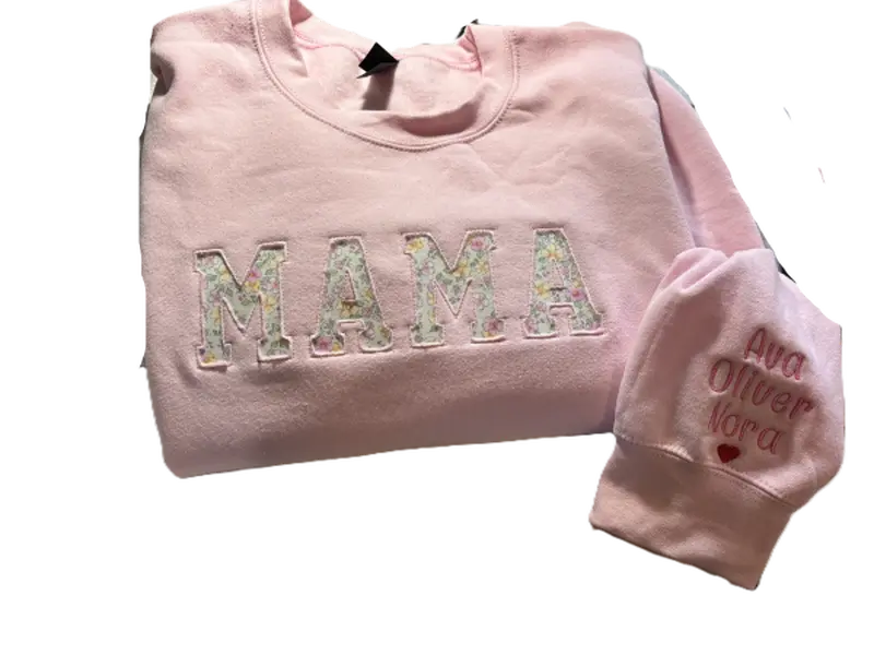 Mama reverse applique personalized crewneck sweatshirt in pink with floral print applique