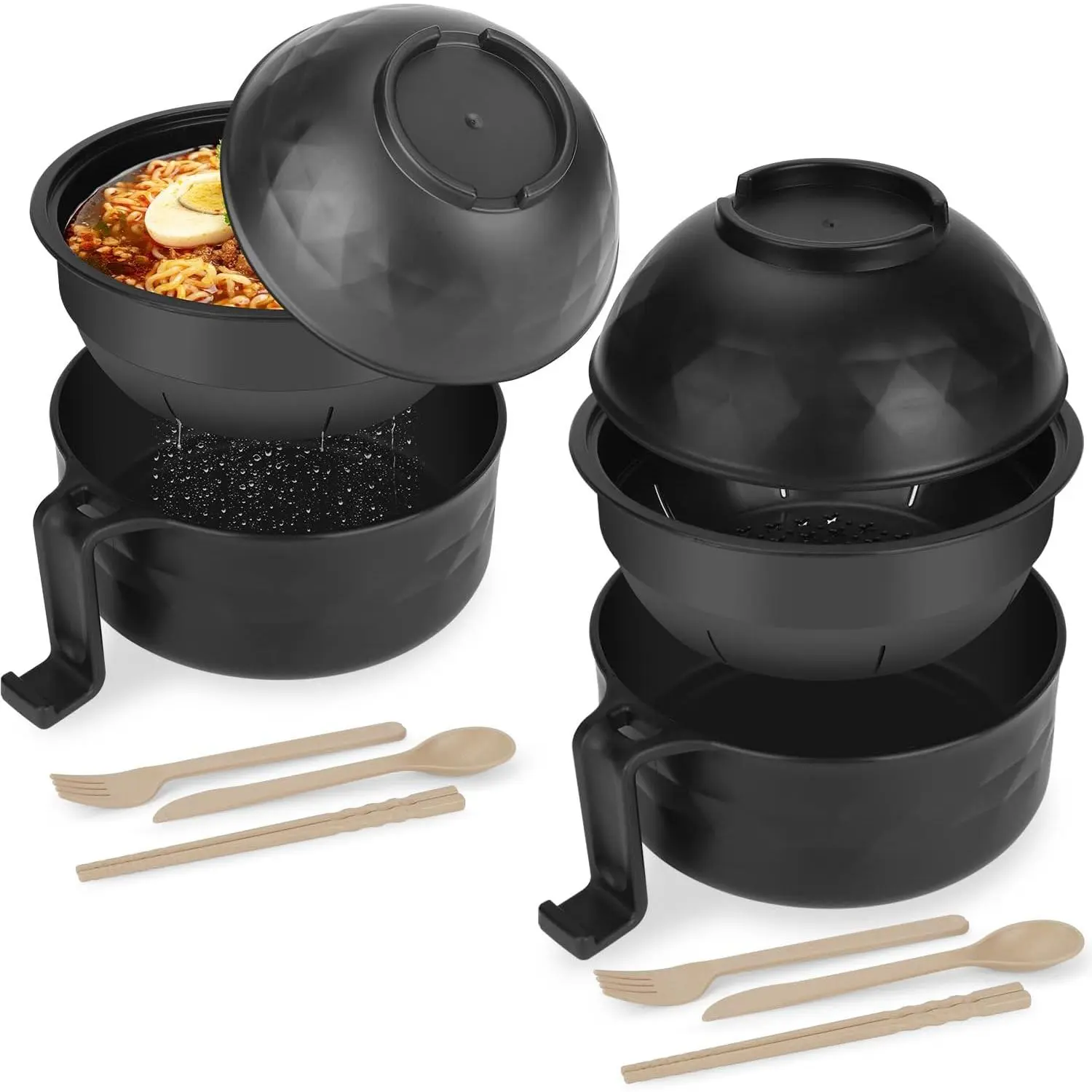 32oz Microwavable Ramen Bowls with Cover, Chopsticks, Spoon, Fork & Side Handles - Lightweight Durable Kitchen Dinnerware Gadgets, 2-Piece Tableware Set for Dorm & Home, Portable Cooker for Hot Pot, Black (Holiday Gift Option)