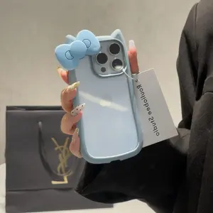 Cute Bowknot Silicone Cat Ear Case for iPhone 16 16E 15 14 Pro Max 13 12 11 Plus Clear Shockproof Hard Acrylic Bumper Back Cover Cellphone Smartphone Protective Casing