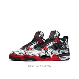 Black White Graphic Printed Smooth Leather Breathable Mesh Mid Top Retro Basketball Sneakers Red White Contrast Outsole Lace Up Cushioned Streetwear Trainers Unisex Daily Casual Footwear