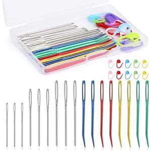 17 Pcs Steel Sewing Needles Kit, Stainless Steel Sewing Needles with Mix Color Stitch Markers, Weaving Needle Bent Tip Tapestry Needles Darning Knitting Sewing Needles for Knitting Crochet