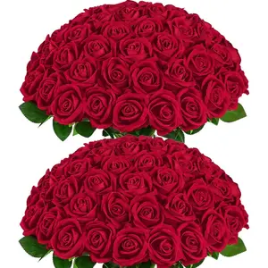 QUNWREATH 60/120 Pcs Elevated Quality Roses - Superior to the Original Red Roses Artificial Flowers, Real Touch Velvet Roses Bouquet Fake Flowers Bulk, Artificial Roses with Long Stems for Valentines Day Gift DIY Bridal Wedding Centerpiece Decorations