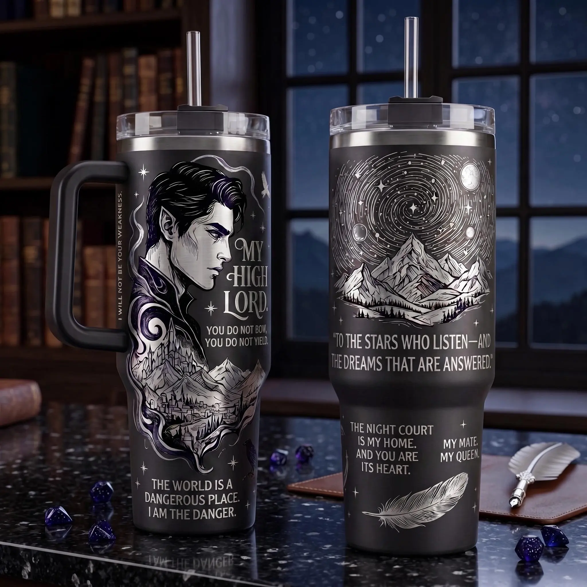Rhysand Night Court ACOTAR 40oz Tumbler With Handle, A Court of Thorns and Roses Inspired Travel Mug, Velaris Starfall Bookish Cup, Fantasy Romance Reader Drinkware, High Lord Gothic Tumbler, Insulated Gift for Book Lovers and ACOTAR Fans