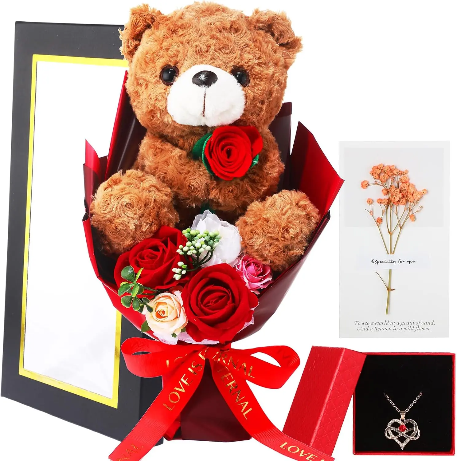 Bear Flower Bouquet for Women 15in Bear Plush Stuffed Animal Box Artificial Rose Bouquet Necklace Card for Girlfriend Friends Birthday Wedding (Red,Rose)