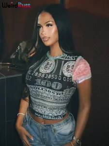 See Through Crop Tops Women Numeral Print Short Sleeve O-Neck Sexy Club Patchwork Streetwear Skinny Hot Girls Tees
