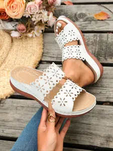 Women's 2026 Summer Vacation Essential Eyelet Cutout Double Strap Wedge Slide Floral Sandals, Comfort Footwear for Beach, Poolside & Casual Summer Days, Elegant Floral Sandals