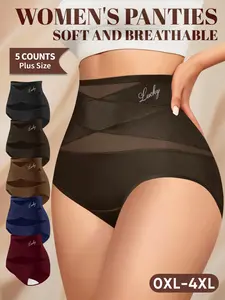 5-Pack Morelect Plus Size Mesh Cross Women's Underwear, 0xl-4xl, High Waist Comfortable Breathable Trunk, Multi-Color Triangle Panties, Breathable Underwear Briefs, High Waisted Knicker