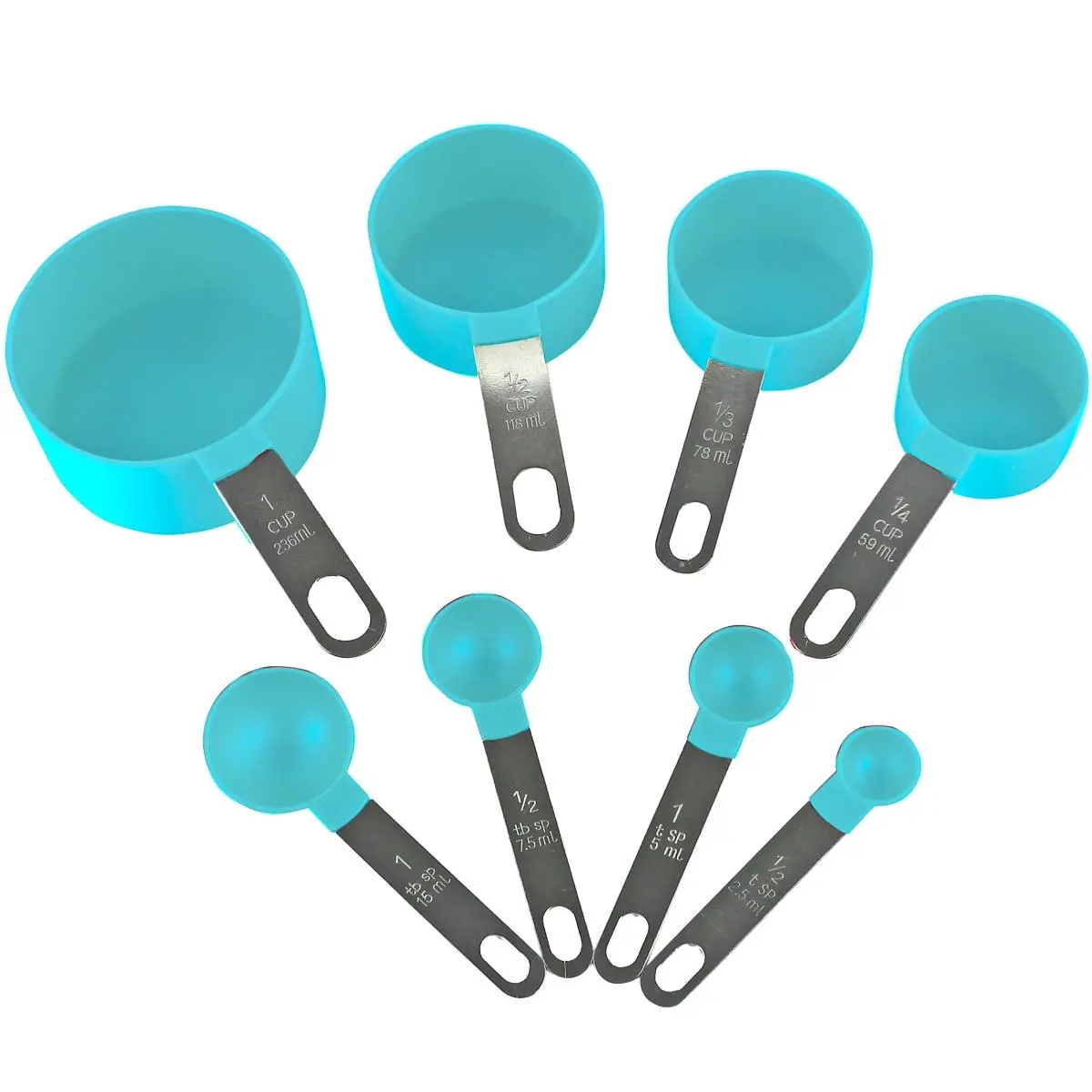 212 MAIN 8-Piece BPA-Free Stainless Steel & Plastic Kitchen Measuring Spoon and Cup Utensil Set, Turquoise, Ergonomic Handles, Accurate for Cooking & Baking, Includes 1/2 Cup & 1 tbsp Sizes