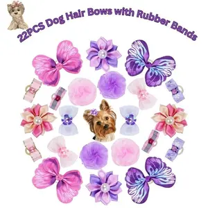 22PCS Dog Hair Bows with Rubber Bands – Cute Puppy Hair Accessories for Grooming, Small Pet Bows with Butterfly, Flower, Pearls – Double Bows for Dogs & Cats