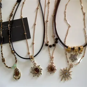 2025   Sun Star Zircon Necklaces For Women Vintage Leather Necklace Double Layered Pendant Chain Choker Fashion Jewelry