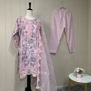 Elegant 3pcs floral embroidered organza party wear  dress