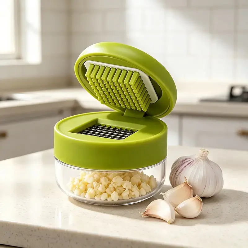 Manual Garlic Chopper, Mini Garlic Press Cutter with Stainless Steel Blades & Clear Collection Cup, Compact Kitchen Garlic Mincer for Garlic, Ginger, Onion & Chili, Easy-Press Food Prep Tool, Green