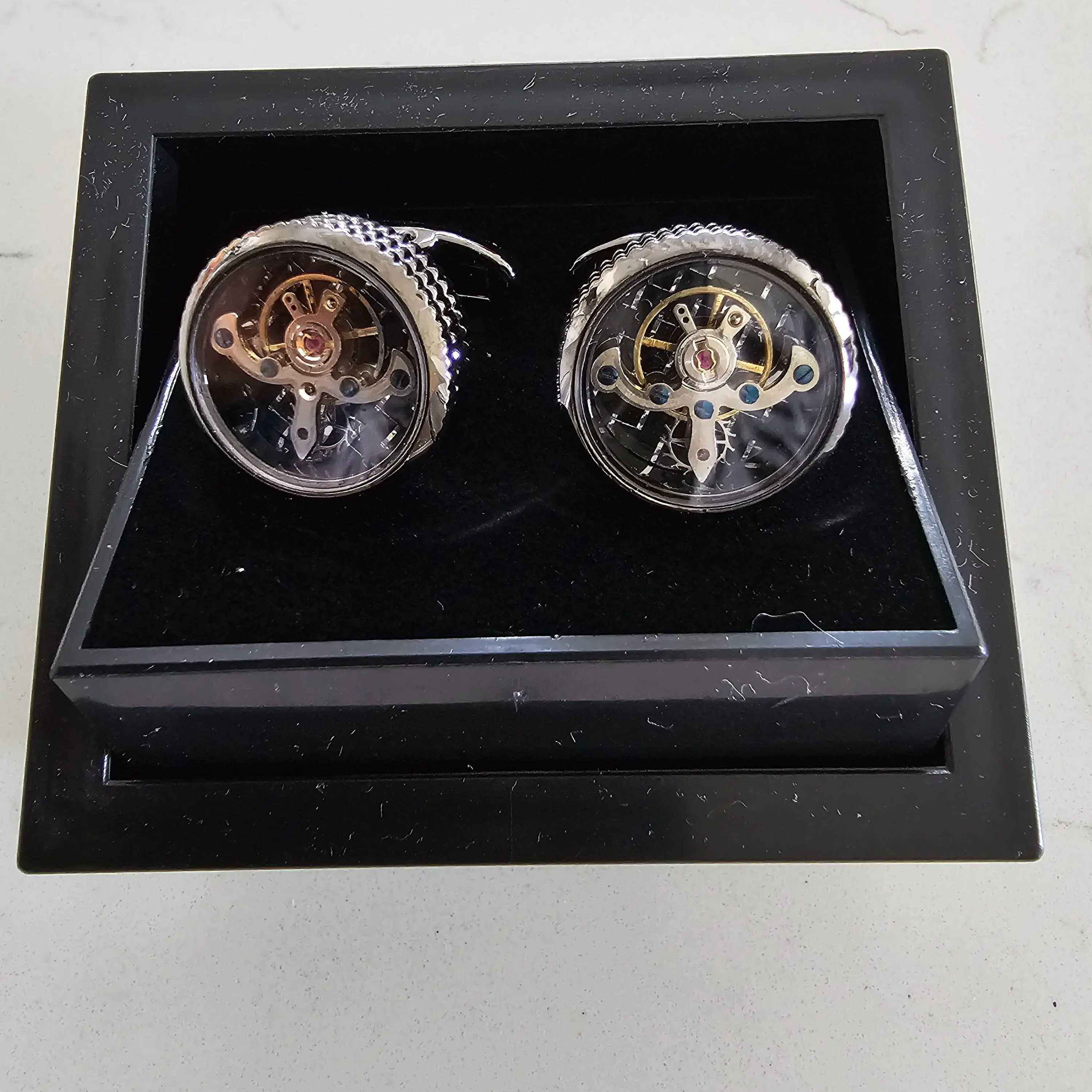 Silver Steampunk Watch Movement Cufflinks, Round Mechanical Mens Cuff Links, Vintage Skeleton Clockwork Suit Accessories, Groomsmen Gift Box Set