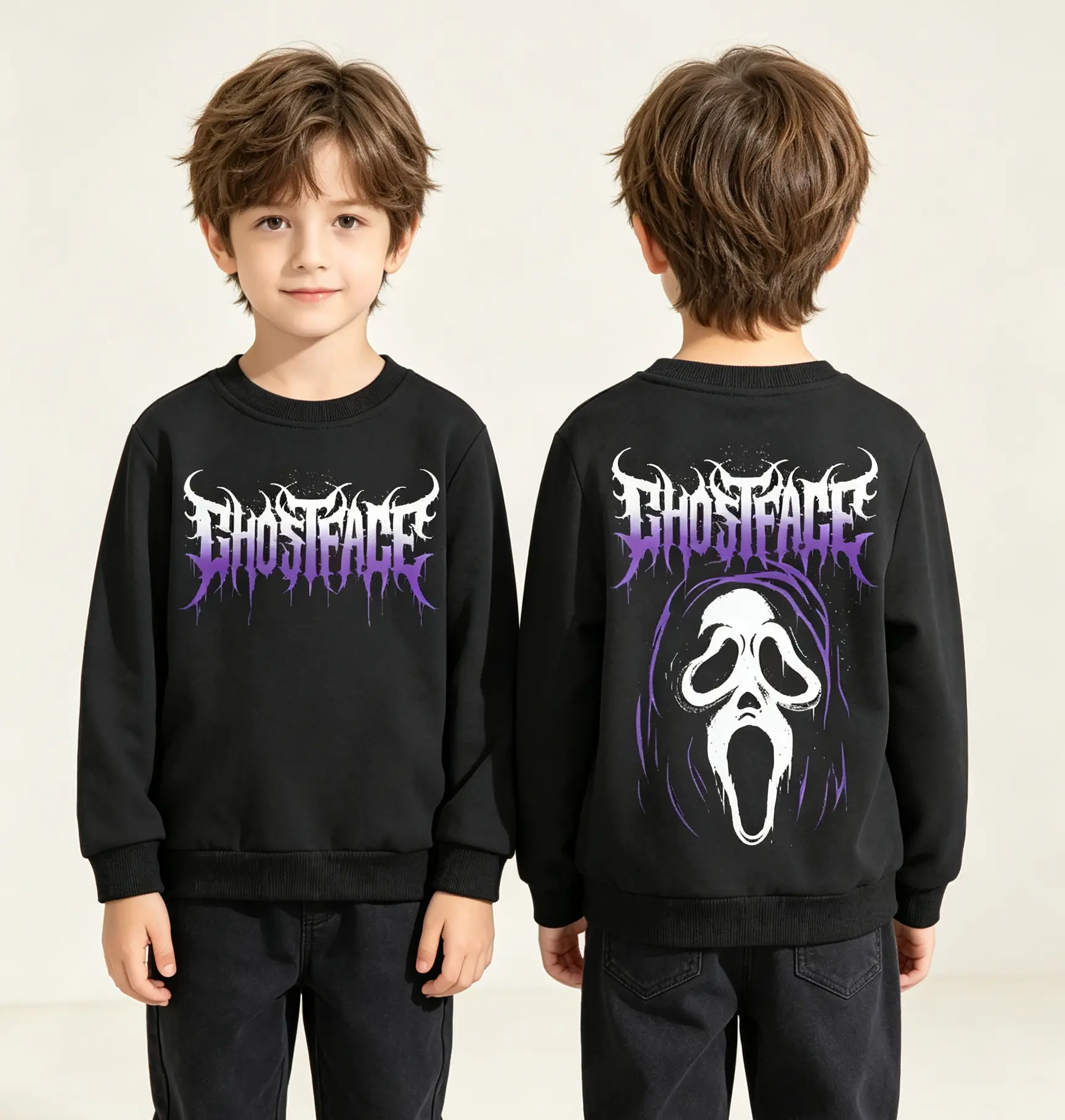 Ghostface Scream Horror Movie Front And Back Print Crewneck Sweatshirt, Heavy Metal Style Long Sleeve Pullover, Spooky Halloween Graphic Top For Teens