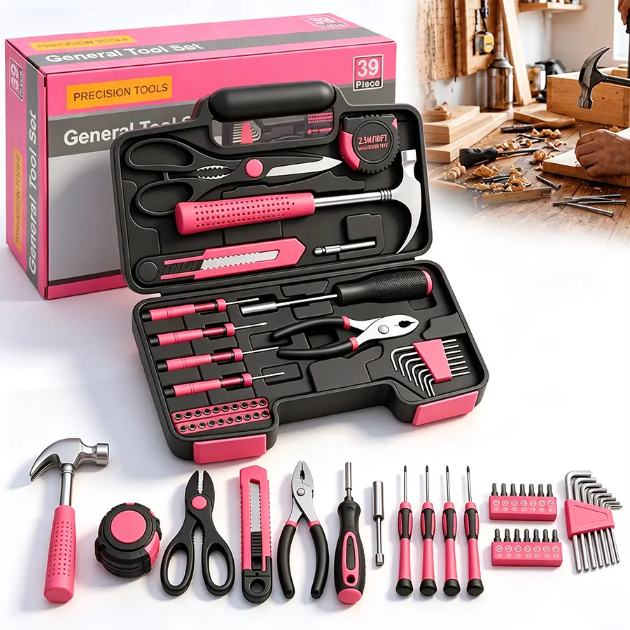39-Piece Household Tool Set, pink Hand Kit With Storage Case | Complete assortment for home repairs, DIY projects, furniture setup, crafting, and daily household fixes in toolbox