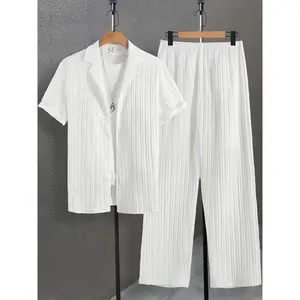 Men's Plain Textured Loungewear Set, National Day Offers,?Casual?Button Front Shirt & Elastic Waist Pants without Tee & Necklace, Men's Sleepwear for All Seasons