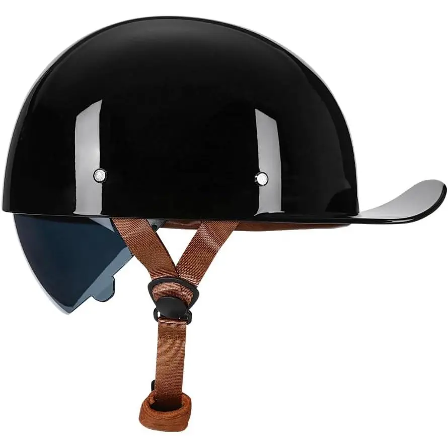 Men's Vintage Retro Open-Face Bikers Half Shell Helmet Baseball Cap - Matte Black/Gloss Black, Pull-Down Lens, ABS Plastic, DOT Certified, Drop-Resistant Locomotive Gear for Moped Street Cruiser, Bikers Helmet, Karting