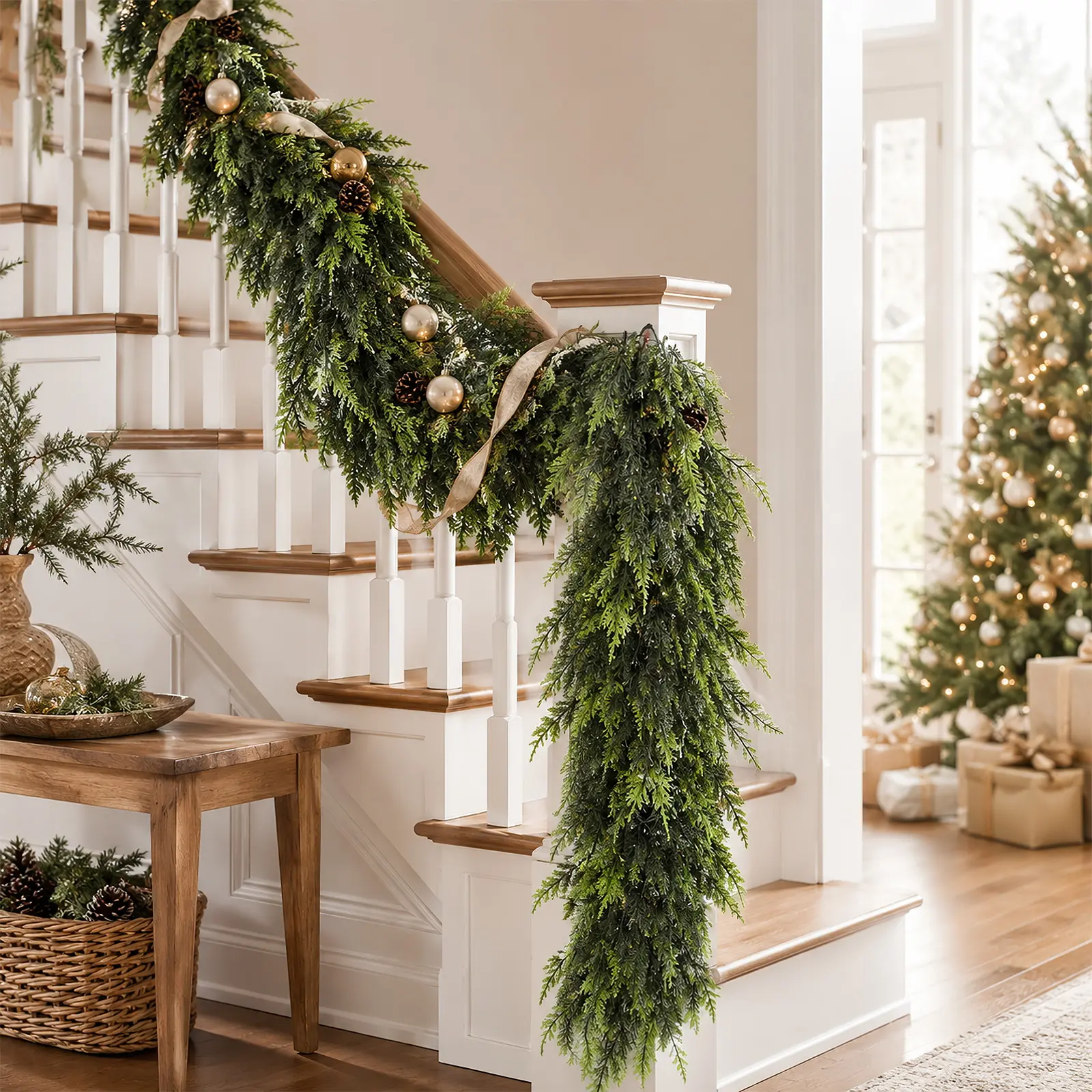 6-ft 2-Piece Artificial Pine Wreath Set, Realistic-Touch Winter Evergreen Decor, Suitable for Dining Tables, Fireplace Mantels, Indoor & Outdoor Christmas Use