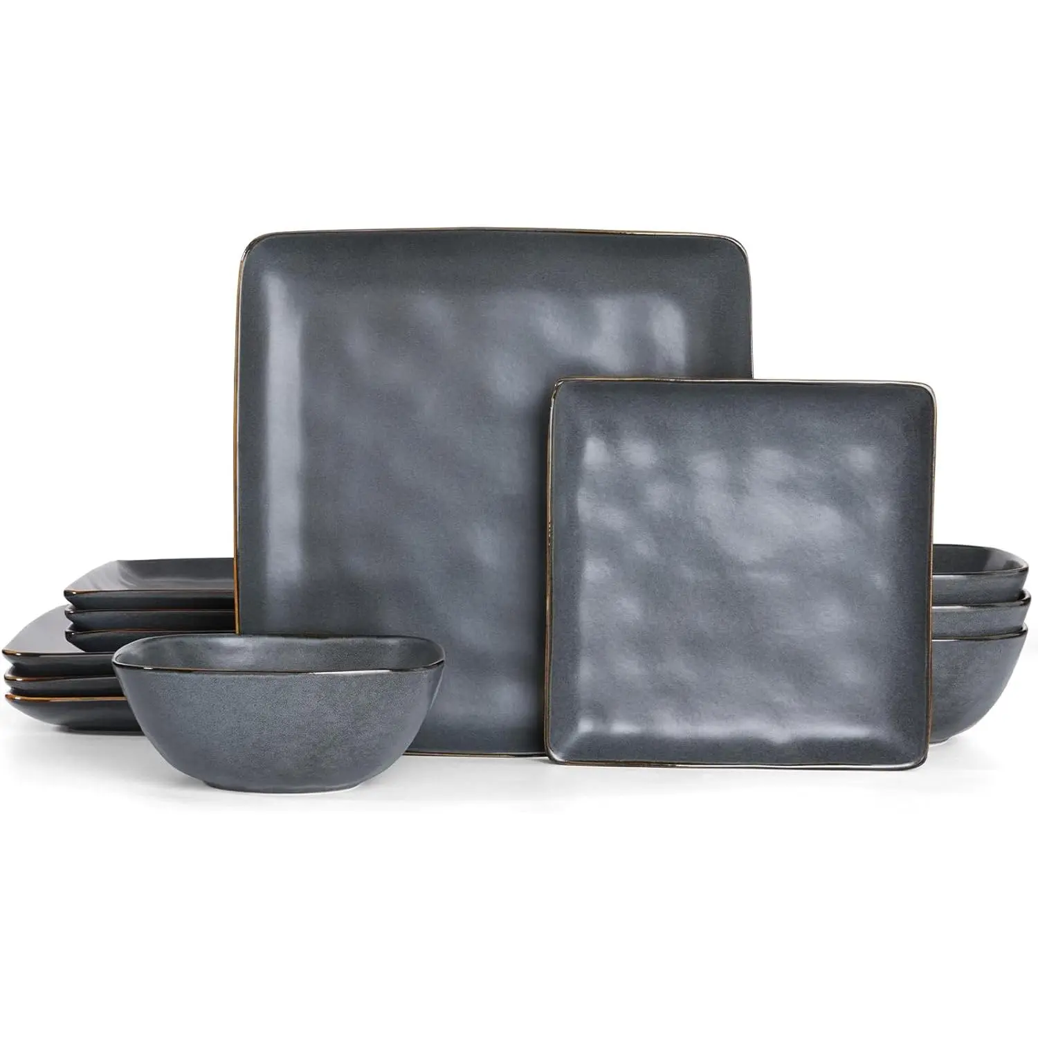 Dinnerware Sets for 4,  Square 12- Kitchen Plates and Bowls Sets, Microwave and Dishwasher Safe, Scratch Resistant, Matte Black