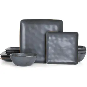 Dinnerware Sets for 4,  Square 12- Kitchen Plates and Bowls Sets, Microwave and Dishwasher Safe, Scratch Resistant, Matte Black