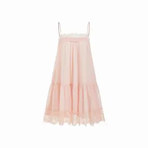 Cider Chiffon Square Neck Lace Trim Tiered Mini Dress