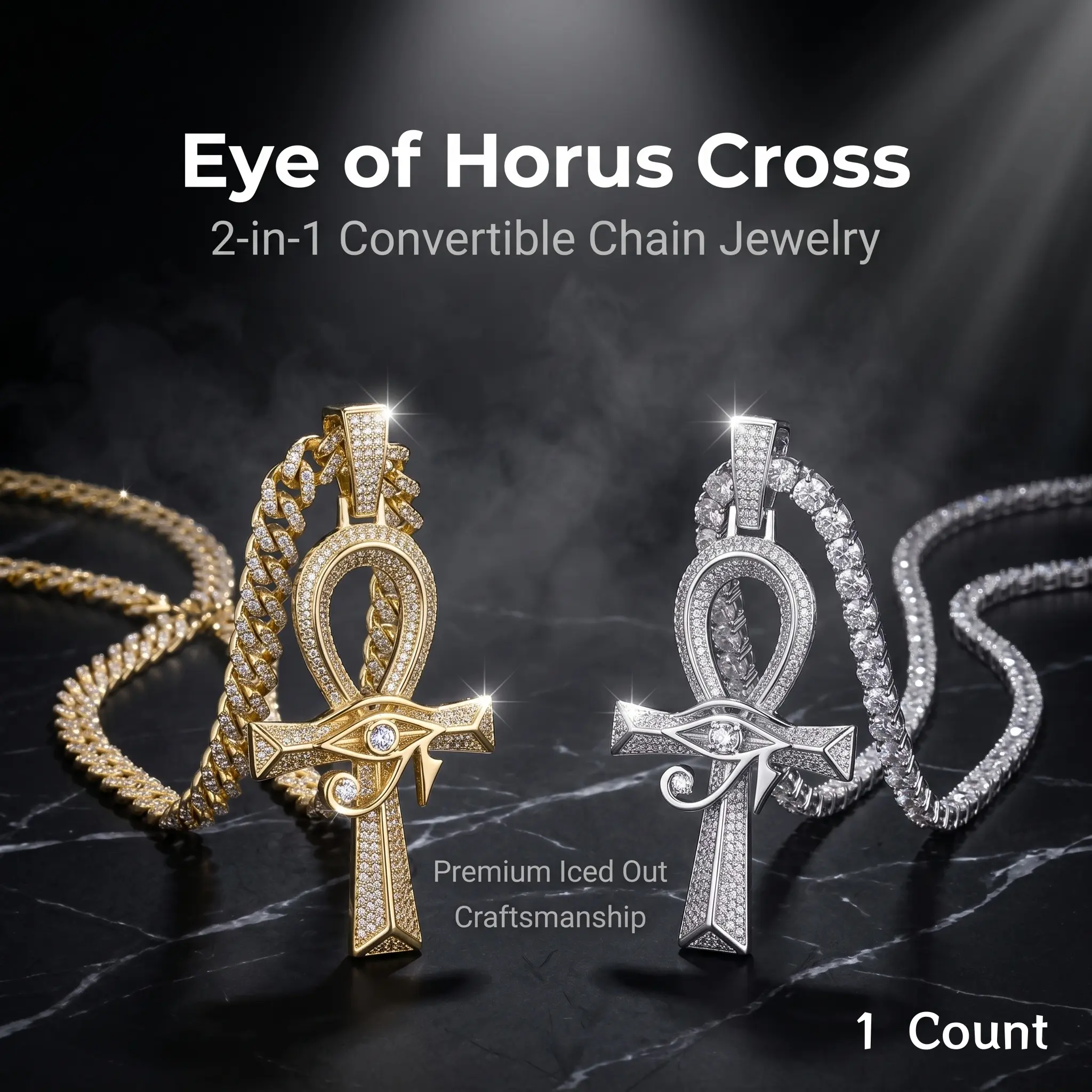 Eye of Horus Cross Pendant Necklace for Men | 2-in-1 Convertible Chain Jewelry | Iced Out Gold Plated Cuban Link & Rope Chain | Egyptian Hip Hop Charm Gift