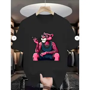 Fashionable Pink Panther Graphic T-Shirt for Men & Women - 220gsm Heavyweight Casual Streetwear Tee with Relaxed Fit, Round Neck & Machine Washable Design - Black with Vibrant Pink Panther Print, Allseason Apparel, Trendy Loose Fit, Comfortable Clothing