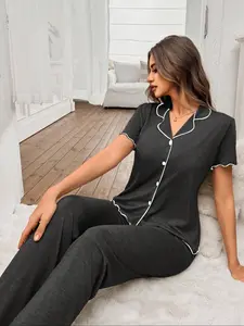 Women's Casual Knitted Cotton Loungewear Sleepwear Set, Short Sleeve Long Pants Pajamas, Comfortable Home Wear for Women