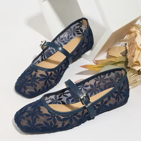 Women's Square Toe Ballet Flats, Floral Embroidery Hollow-Out Mesh Breathable Mary Jane Shoes, Summer Wide-Fit Flat Shoes, Embroidered Ballet Flats