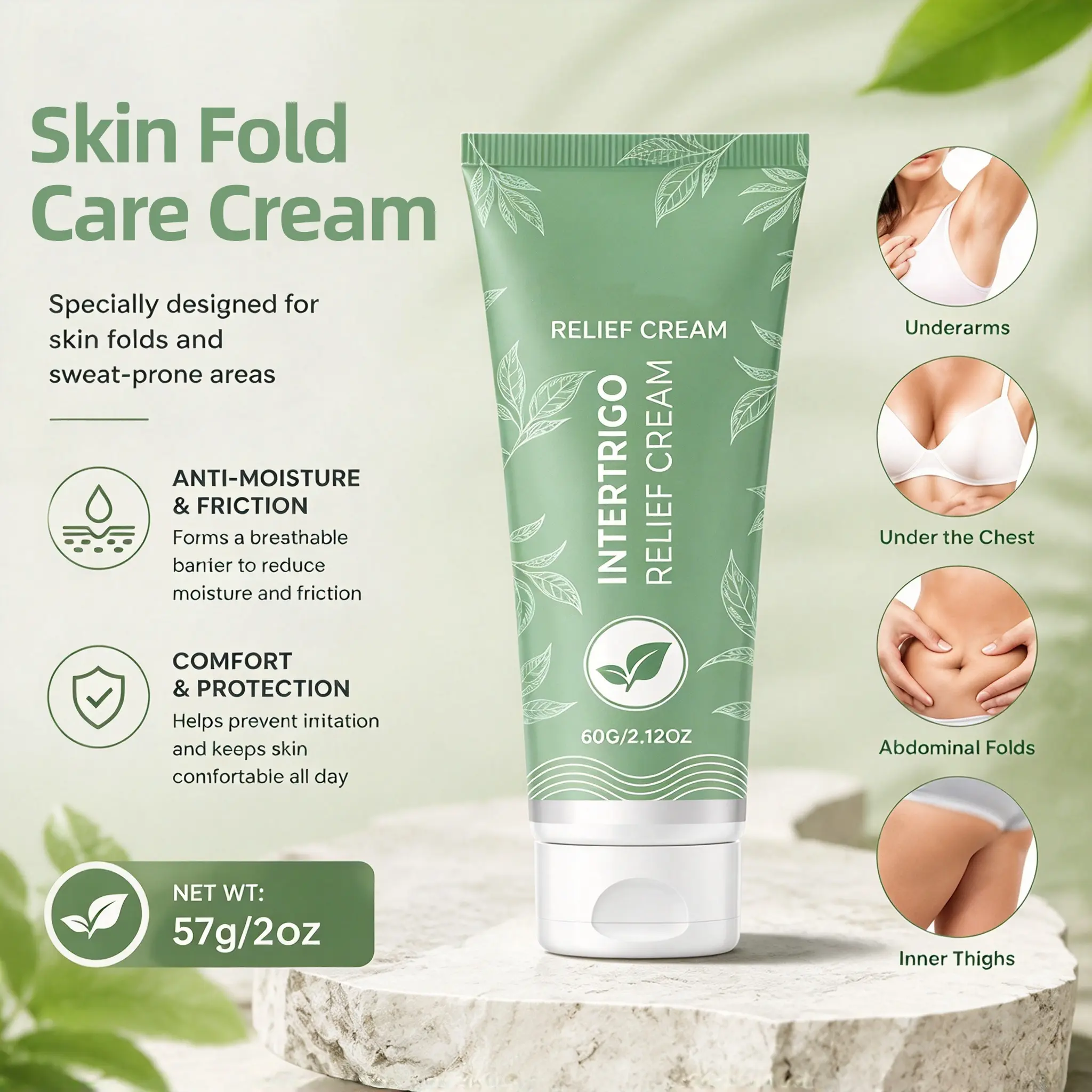 Intertriigo Cream, Skin Fold Care & Chafing Support Cream, Non-Greasy Texture, Daily Body Care for Skin, Suitable for Everyday Personal Care,With Zinc Oxide Undecylenic Acid, Witch Hazel Extract, Tea Tree Oil