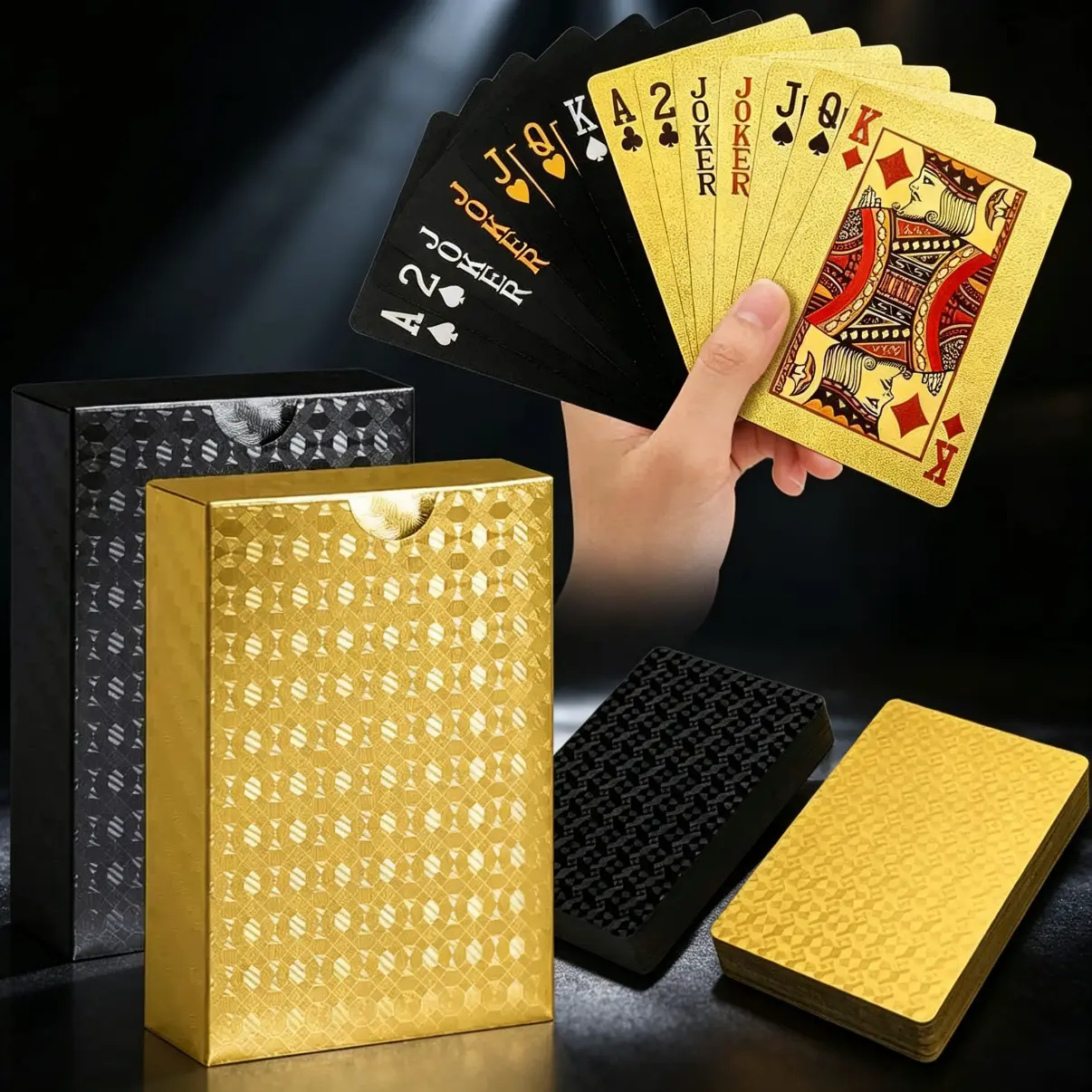 Waterproof Playing Cards 2 Pack, Plastic Poker Cards, Deck of Cards, Diamond Plastic Playing Cards for Beach Blackjack Texas Canasta Bridge Adult Card Games, Gold & Black