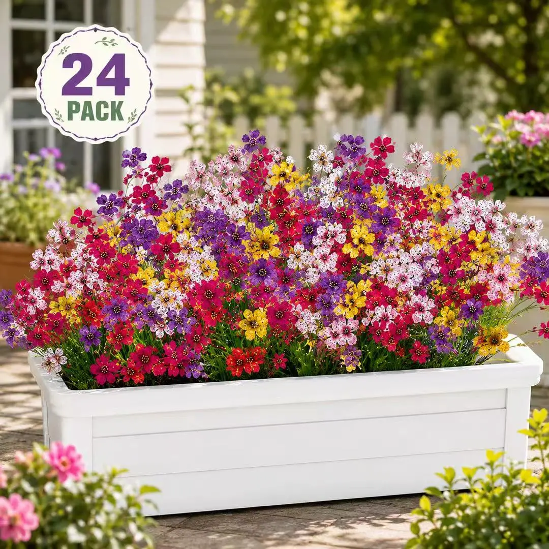 24-Pack Artificial Mixed Flower Set, UV-Resistant Assorted Colors Silk Decorative Flowers with Plastic Greenery for Wedding, Home Garden, Porch Window Box Decor, Assorted Colors (24-Pack)