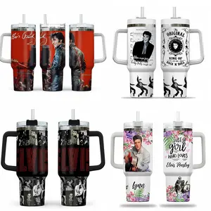 Collection Elvis Presley 40oz Insulated Tumbler With Handle, Fan Girl Gifts King Of Rock And Roll, Rock & Roll Music Legend Merchandise, Retro Rock Music Tumbler, Vintage Heavy Metal Cup, Rock Legend Artwork Stainless Steel Tumbler, Musician Fan Drinkware