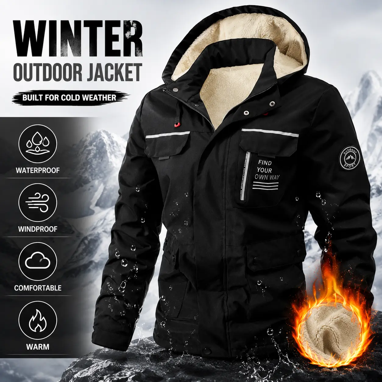 Men’s thickened fleece hooded jacket — windproof, waterproof, insulated casual sports outerwear suitable for outdoor activities and cold weather; machine washable. Thickened, comfortable winter fleece-lined warm jacket; Western-style men’s clothing.