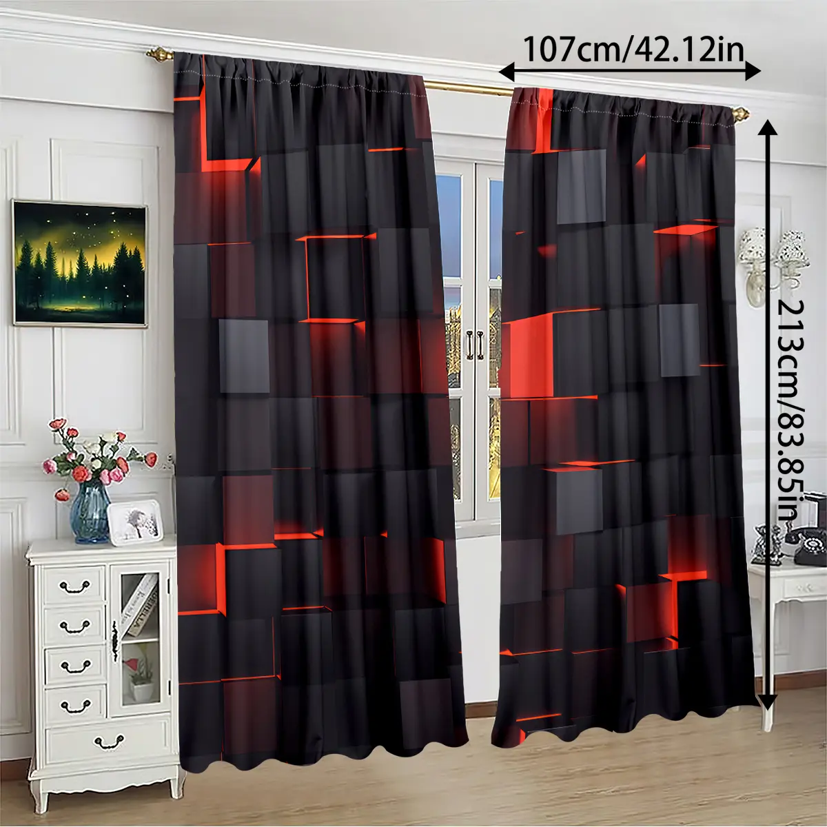 2 Piece Printed Curtains, and Geometric Patterns, Rod Pocket Design, Easy to Hang, Vibrant Semi-Transparent Privacy Curtains, Home Decorative Curtain, Window Curtain, Window Drapes, Curtain for Windows
