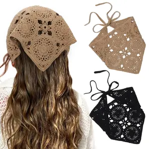 Floral Crochet Hair Bandanas Headscarf 2 count Women Hair Scarf Daisy Headband   Kerchief for Girls(Black+Coffee)