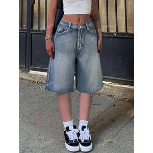 Y2KVintageSlantPocketFringeHemWideLegBermudaJeansDenimJortsCasualShortsBottomsFabric